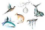 Winter animal watercolor clipart set