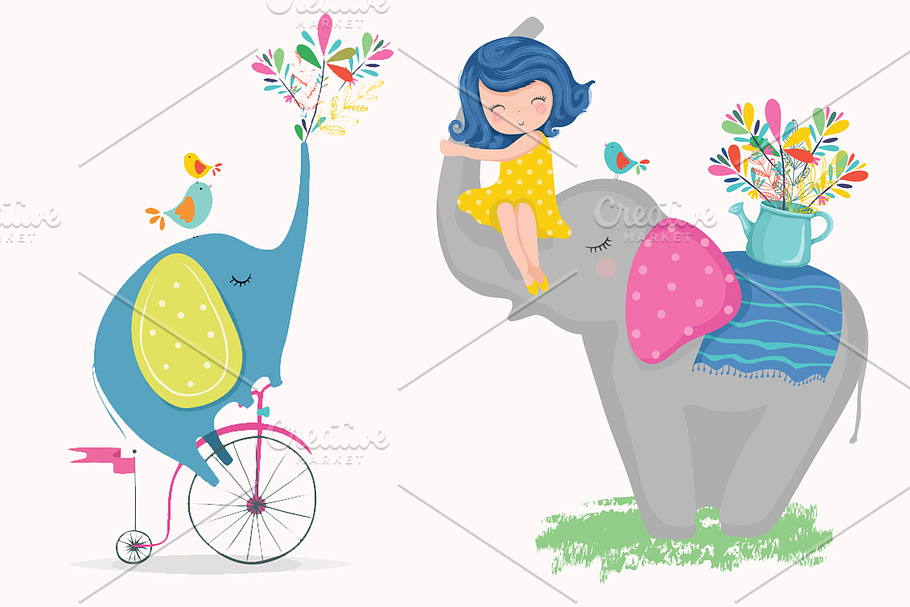 Cute girl and cartoon elephant in Illustrations - product preview 8
