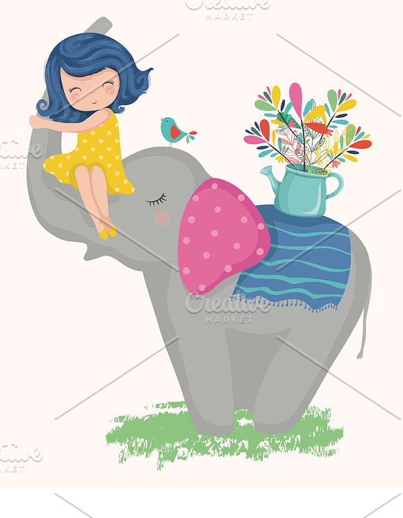 Cute girl and cartoon elephant in Illustrations - product preview 1