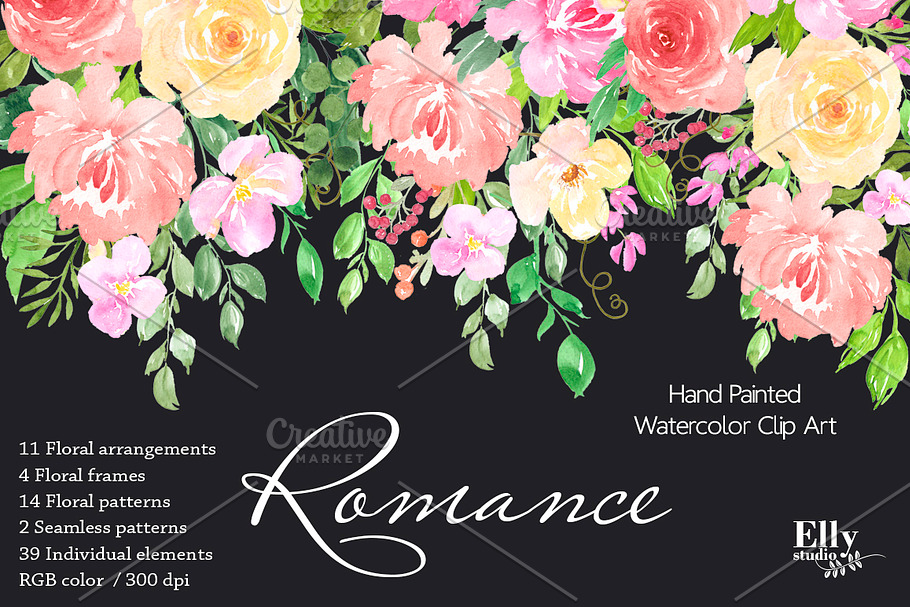 Watercolor floral Clip Art -Romance 