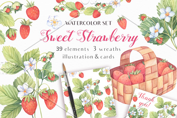 SALE! Sweet Watercolor Strawberry in Illustrations - product preview 6