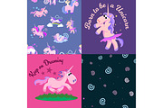cute unicorn seamless pattern, magic pegasus flying with wing and horn on rainbow, fantasy horse vector illustration, myth creature dreaming background.