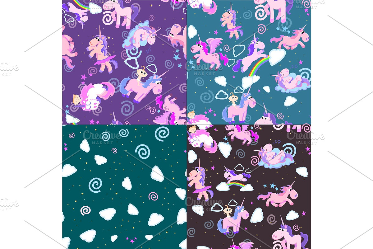 cute unicorn seamless pattern, magic pegasus flying with wing and horn on rainbow, fantasy horse vector illustration, myth creature dreaming background. in Illustrations - product preview 8