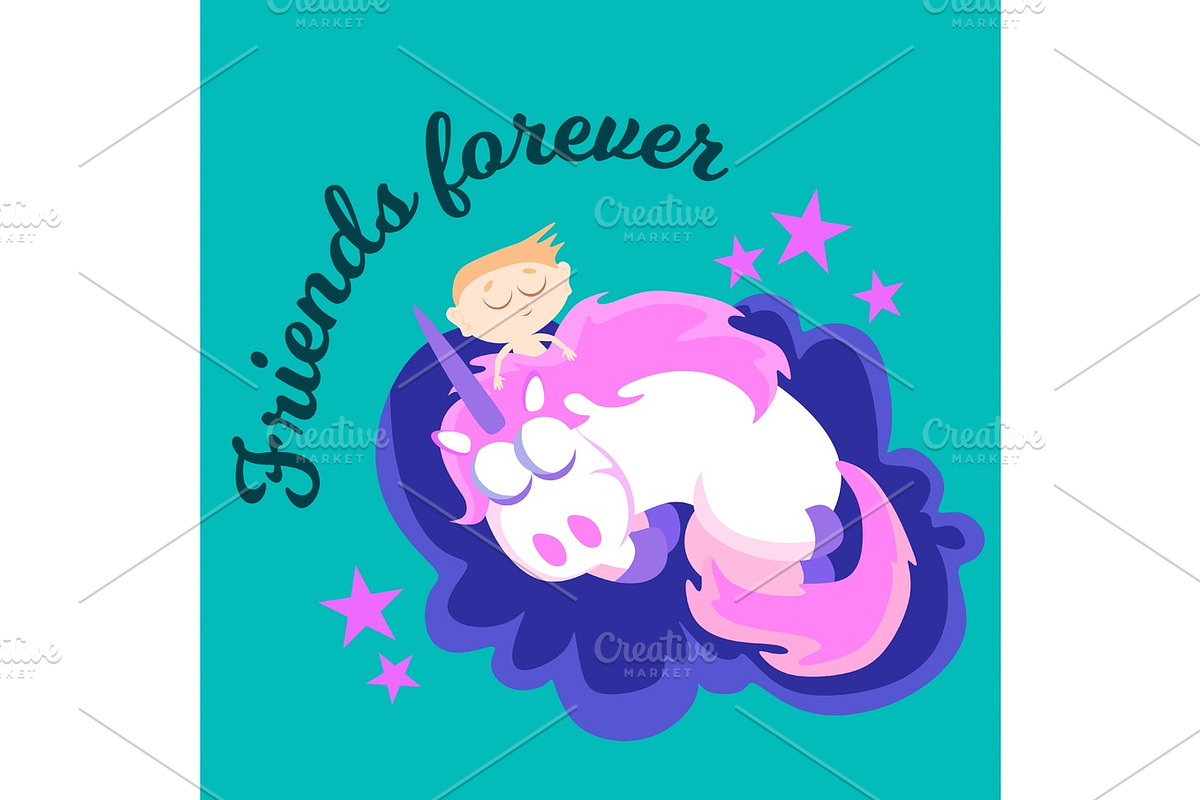 cute unicorn isolated set, magic pegasus flying with wing and horn on rainbow, fantasy horse vector illustration, myth creature dreaming on colored background, greeting card text template in Illustrations - product preview 8