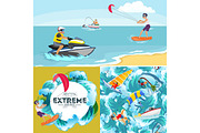 Set of water extreme sports backgrounds, isolated design elements for summer vacation activity fun concept, cartoon wave surfing, sea beach vector illustration, active lifestyle adventure