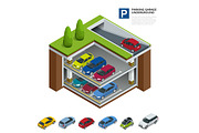 Parking garage underground. Indoor car park. Urban car parking service. Flat 3d isometric vector illustration for infographic.