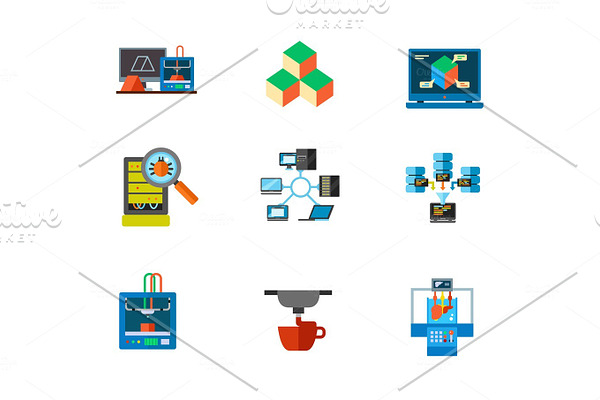 3d-printing and Data center icon set