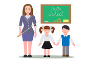 Vector flat illustration isolated on white background of happy pupils, with young woman teacher in a classroom near blackboard, hello school.