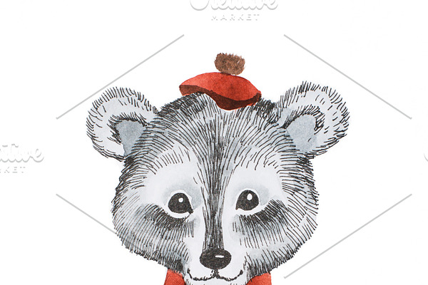 Adorable cartoon bear wearing red scarf and cap