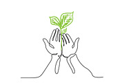 Hands holds with green plant
