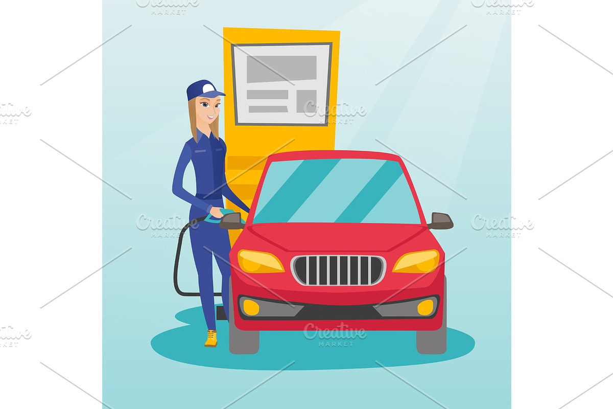 Worker filling up fuel into car. in Illustrations - product preview 8