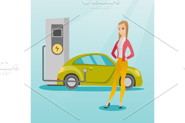 Charging of electric car vector illustration.