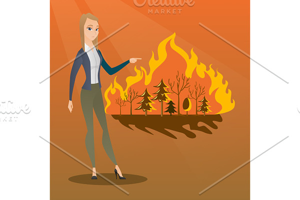 Woman standing on background of wildfire.