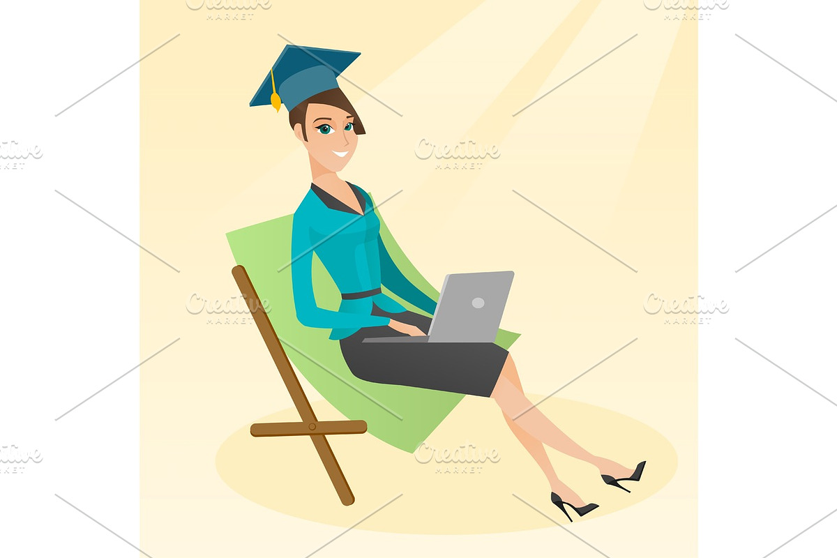 Graduate lying in chaise lounge with laptop. in Illustrations - product preview 8