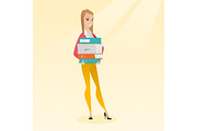 Woman holding pile of books vector illustration.