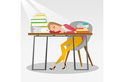 Female student sleeping at the desk with book.
