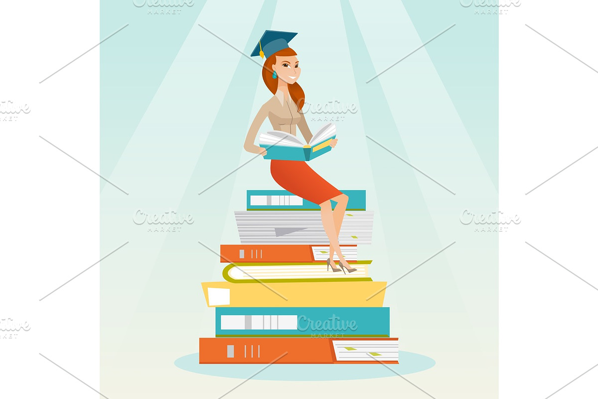 Student sitting on huge pile of books. in Illustrations - product preview 8