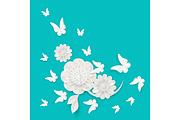 Flora origami elements of luxury white flower and tropical butterflies