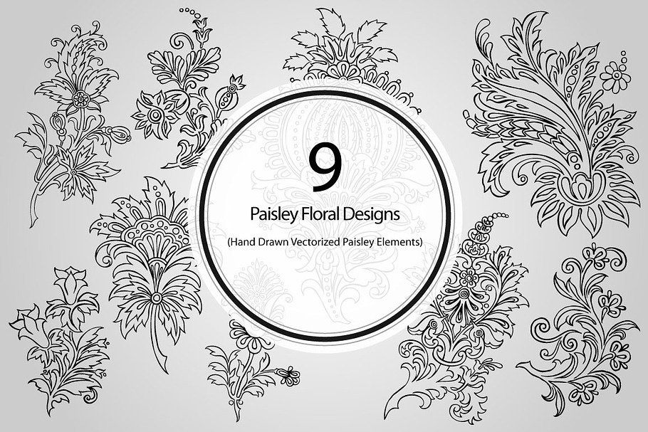 9 Paisley Floral Designs (Vector)