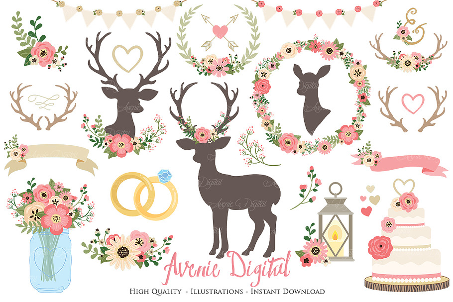 Vintage Pink Rustic Wedding Clipart in Illustrations - product preview 8