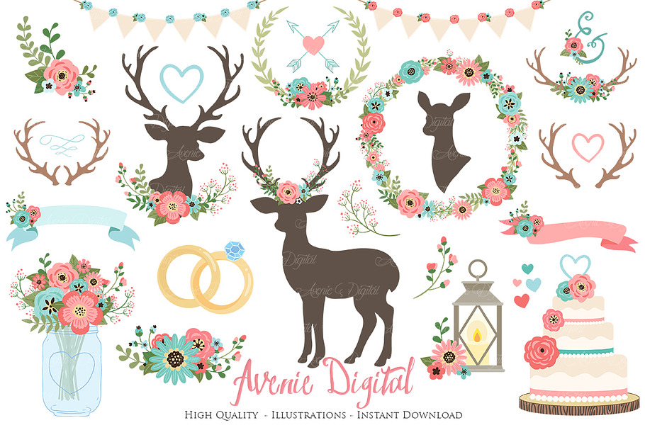 Red and Teal Rustic Wedding Clipart