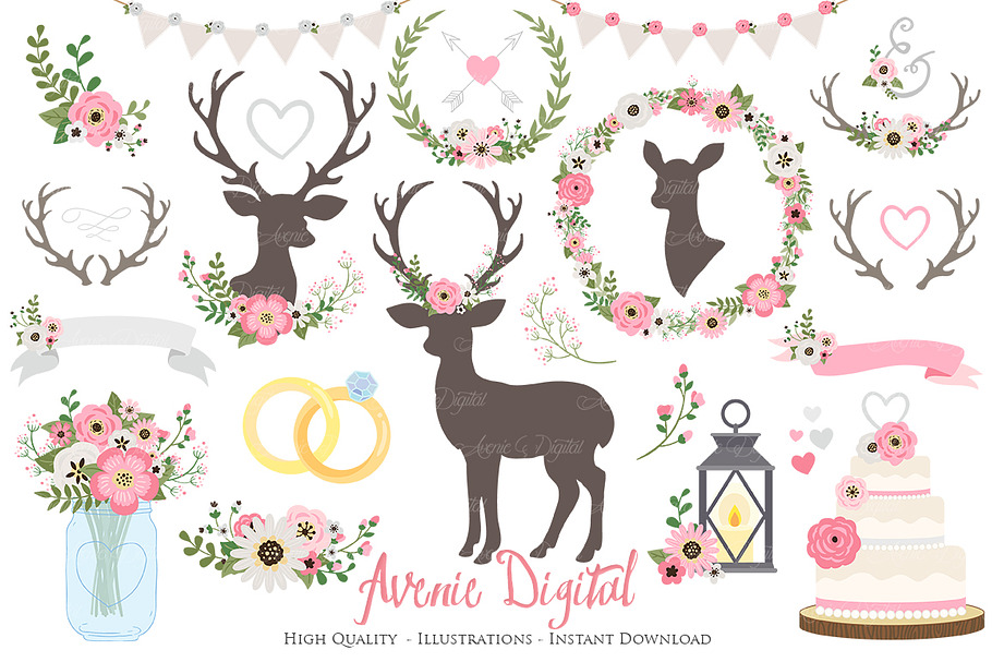 Pink and Gray Rustic Wedding Clipart