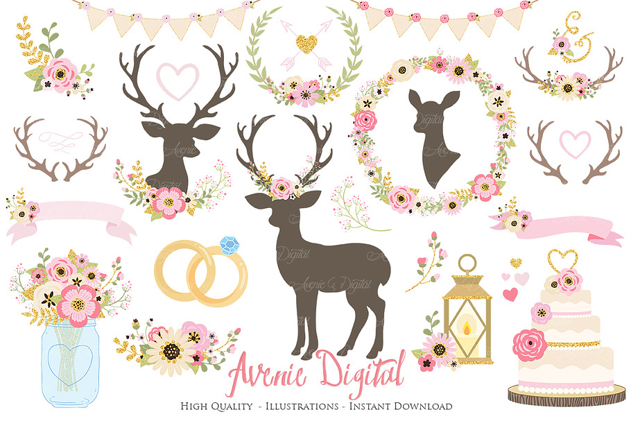 Pink & Gold Rustic Wedding Clipart