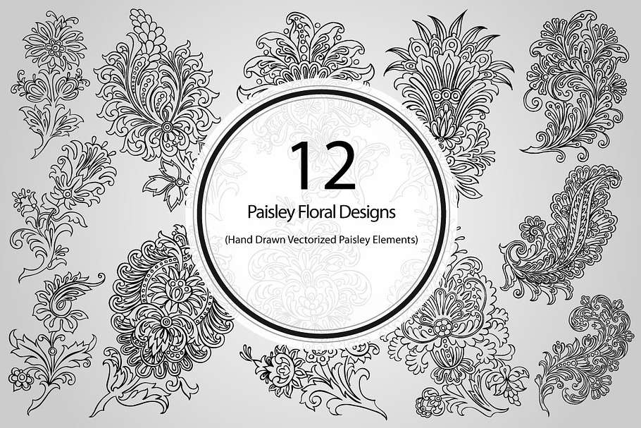 12 Paisley Floral Designs (Vector)