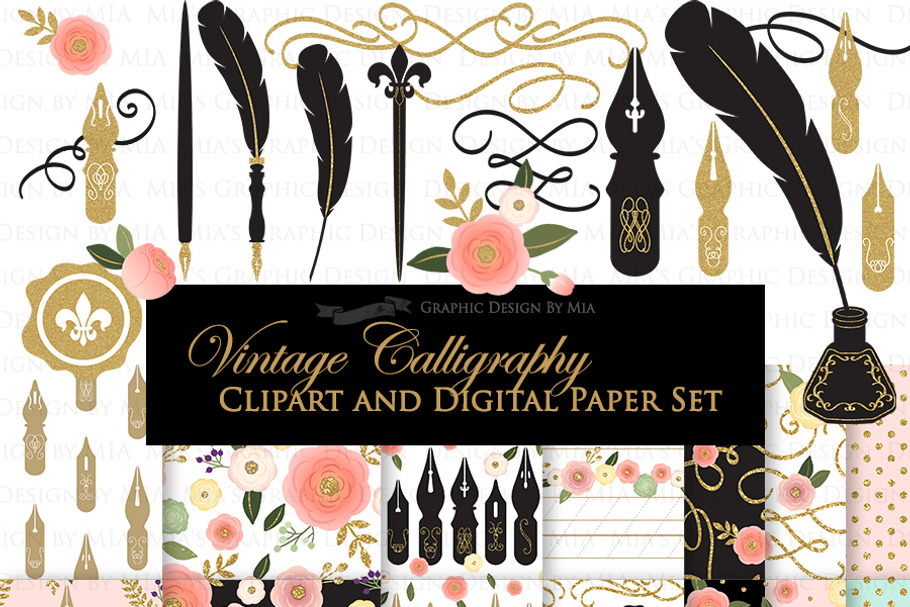 Vintage Calligraphy Clipart+Pattern