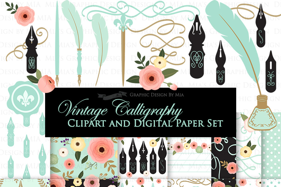 Vintage Calligraphy Clipart+Pattern