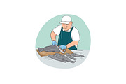 Fishmonger Cutting Fish Cartoon