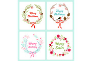 Set of cute hand drawn vintage floral rustic wreathes for your decoration