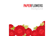 Paper flower background with red roses with green leaves i