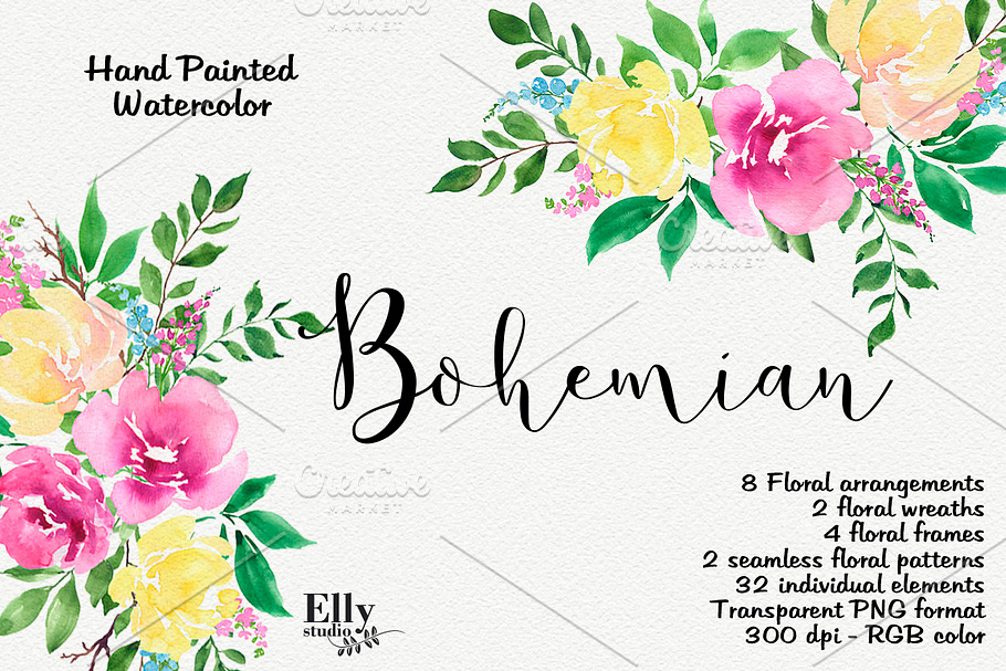 Watercolor Flower Clipart - Bohemian in Illustrations - product preview 8