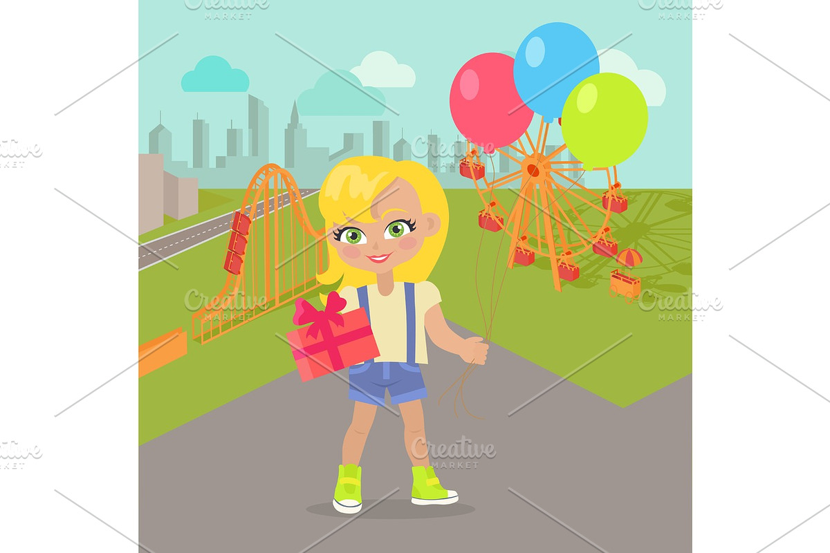 Young Girl with Balloons and Present Box in Park in Illustrations - product preview 8
