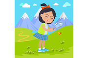 Girl Holds Magnifying Glass in Hands at Mountains