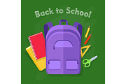 Back to School. Violet Backpack. Office Supplies
