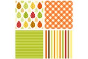 Set of four primitive retro seamless patterns with leaves and rain drops, gingham and striped