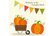 Cute Pumpkin Patch card with bright bunting flags in traditional autumn colors and different pumpkins in wheelbarrow