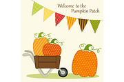 Cute Pumpkin Patch card with bright bunting flags in traditional autumn colors and different pumpkins in wheelbarrow
