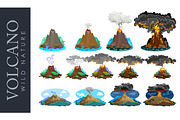 A set of volcanoes of varying degrees of eruption, a sleeping or awakening dangerous vulcan, salute from magma ashes and smoke fly out from volcano, lava flowing down the mountain vector illustration