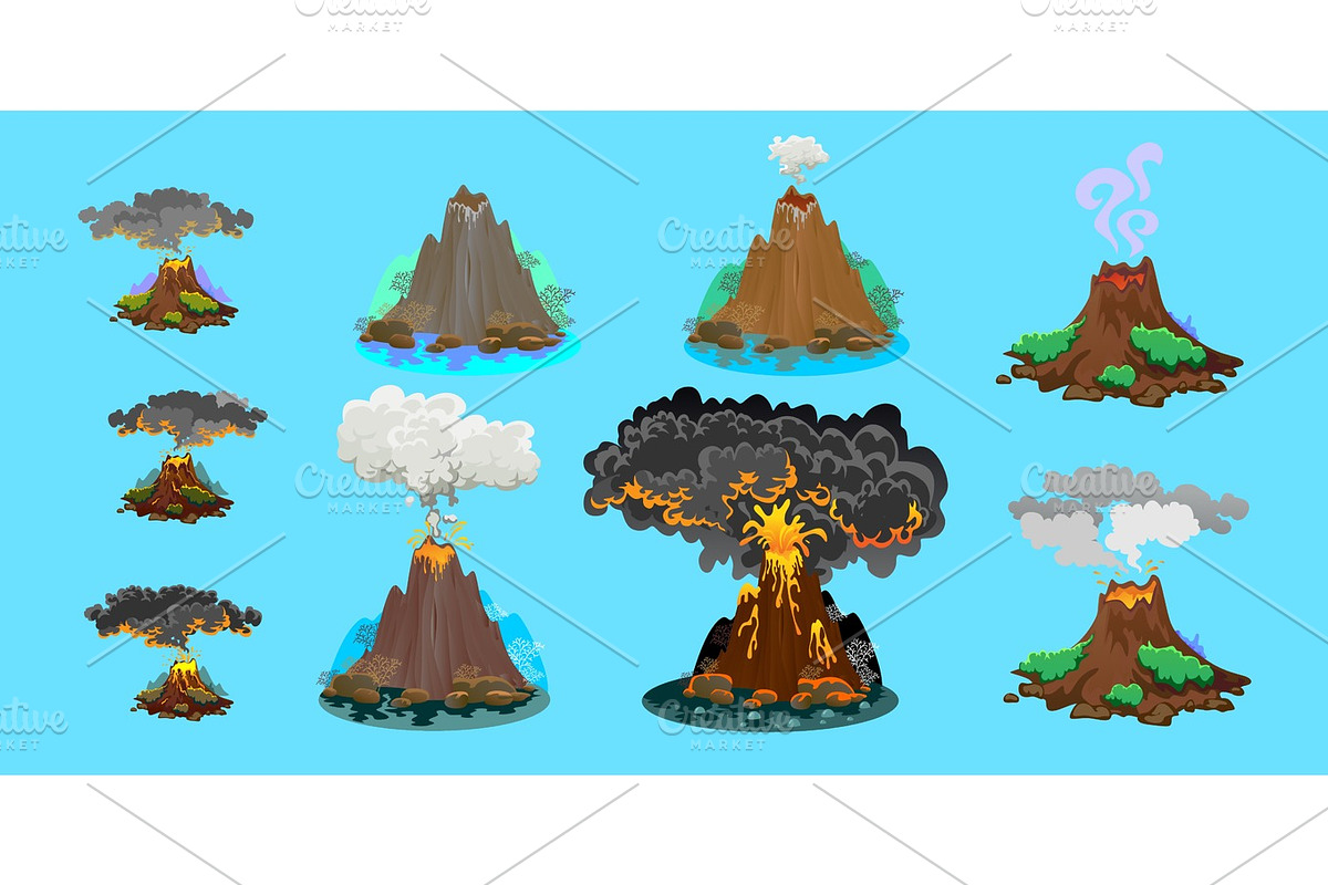 A set of volcanoes of varying degrees of eruption, a sleeping or awakening dangerous vulcan, salute from magma ashes and smoke fly out from volcano, lava flowing down the mountain vector illustration in Illustrations - product preview 8