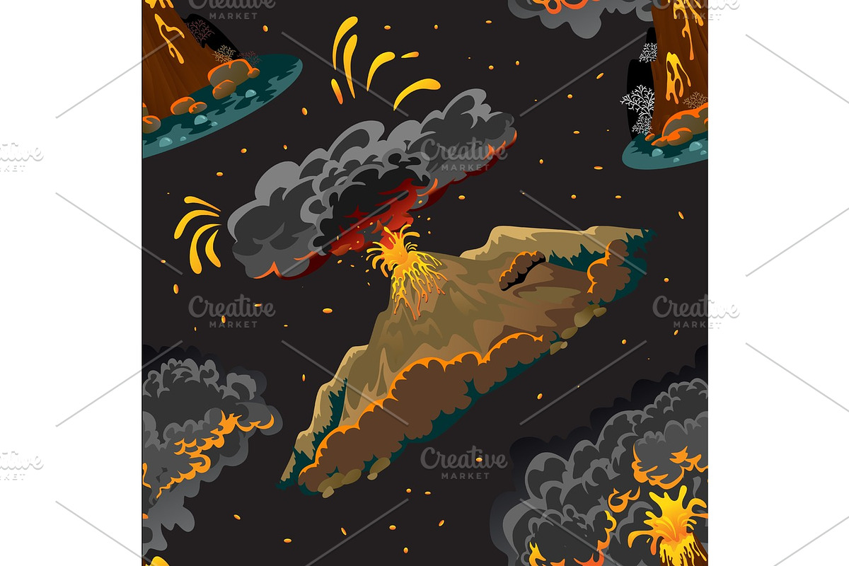 A set of volcanoes of varying degrees of eruption, a sleeping or awakening dangerous vulcan, salute from magma ashes and smoke fly out from volcano, lava flowing down the mountain vector illustration in Illustrations - product preview 8
