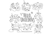 cute unicorn isolated line icon set, magic pegasus flying with wing and horn on rainbow, fantasy horse vector illustration, myth creature dreaming on white background, greeting card template