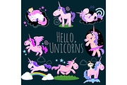 cute unicorn isolated set, magic pegasus flying with wing and horn on rainbow, fantasy horse vector illustration, myth creature dreaming on dark background, greeting card template