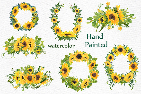 Sunflower clipart Watercolor Wreath in Illustrations - product preview 1
