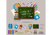 Set of student items, blackboard, back to school