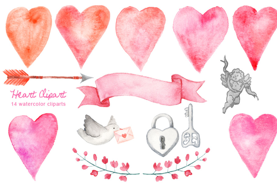 Watercolor Heart Clipart in Illustrations - product preview 8