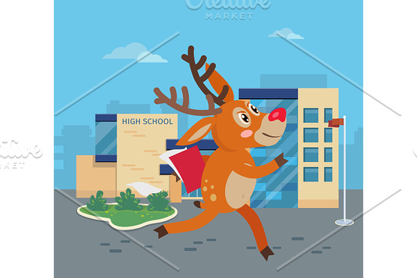 Deer Running to School with Books. Reindeer Vector