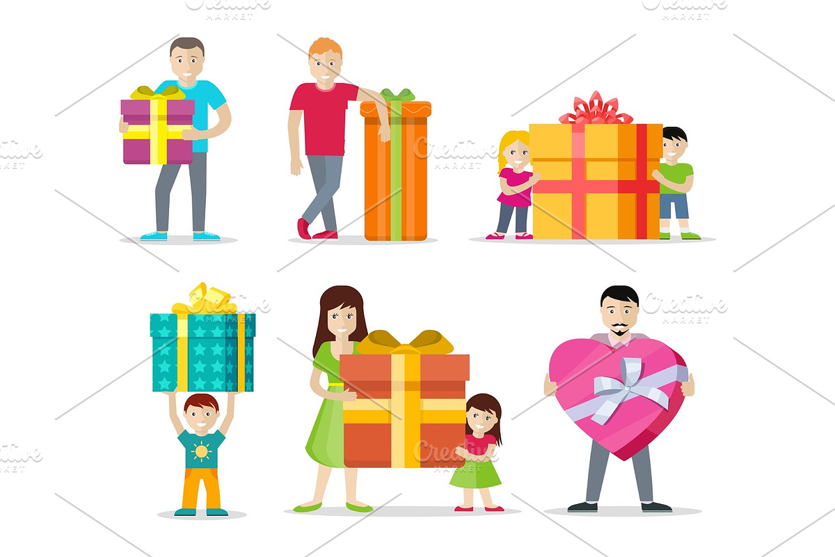 Happy Peoples with Gifts Flat Design Vectors Set in Objects - product preview 8